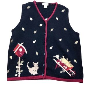 Vintage Y2K Ramie Cotton Embroidered Knit Vest Sz S Navy Wine Cat Bird Novelty